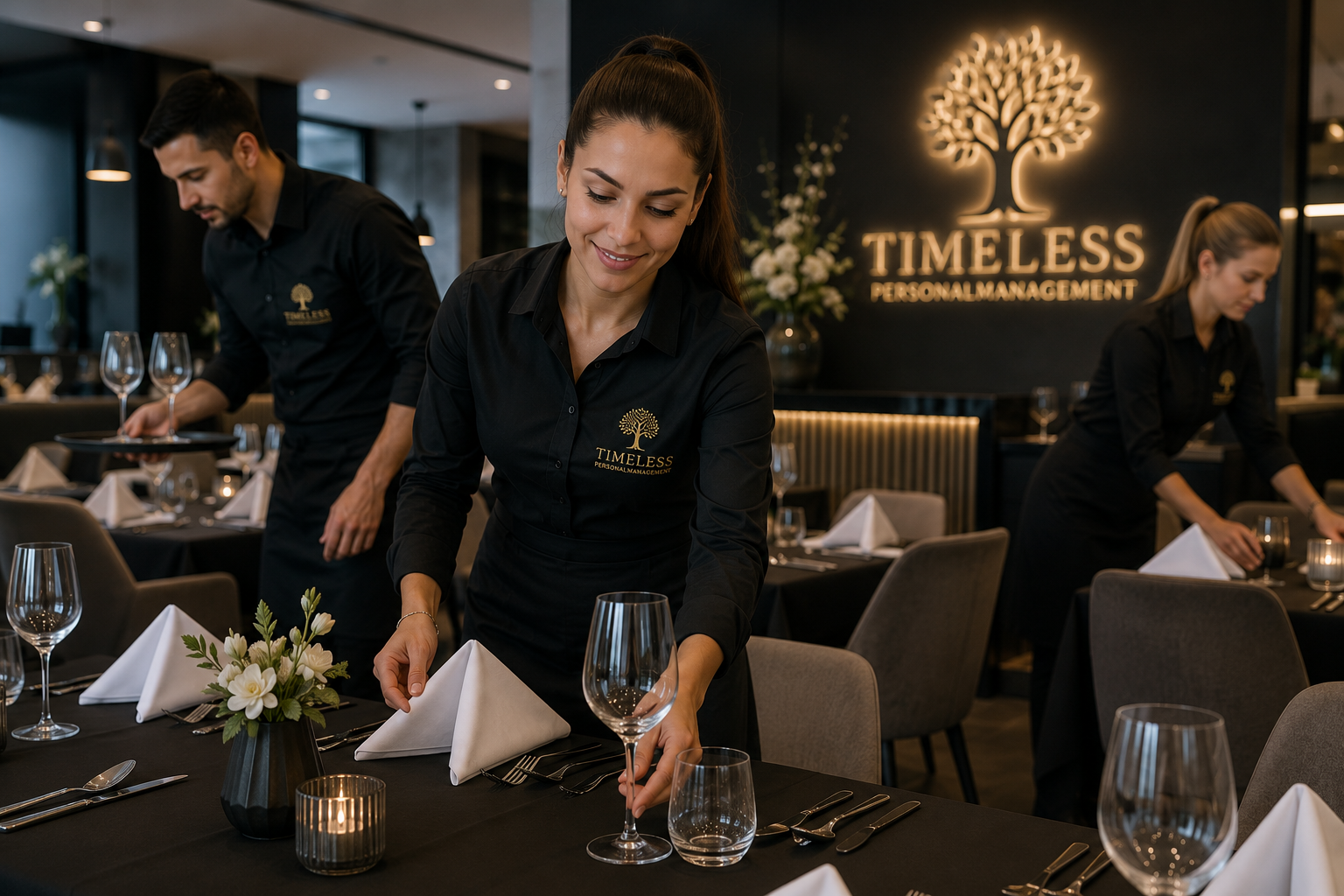 TIMELESS-Servicekräfte decken elegante Tische im Restaurant ein