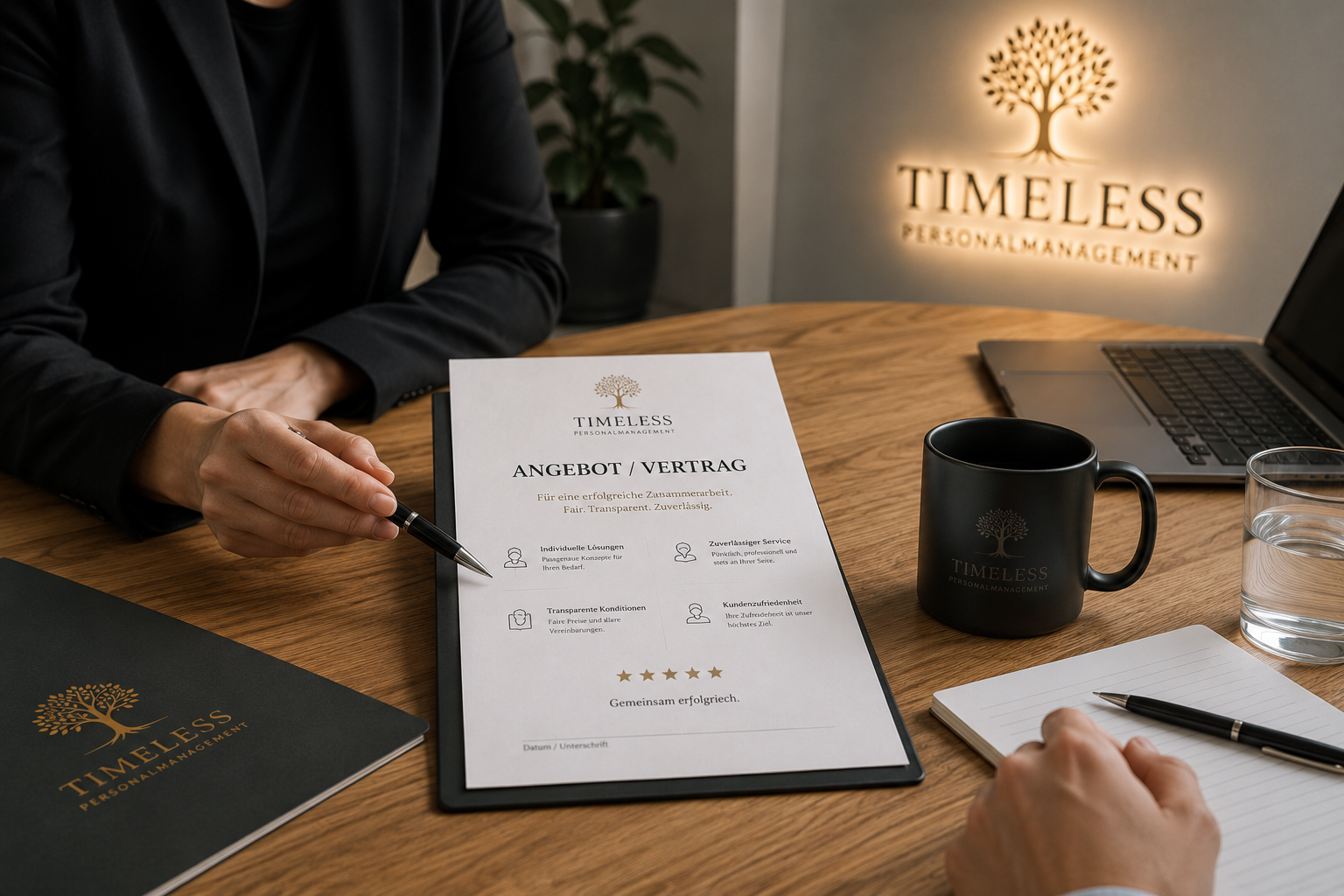 TIMELESS-Beraterin präsentiert transparentes Angebot und Vertrag im Büro