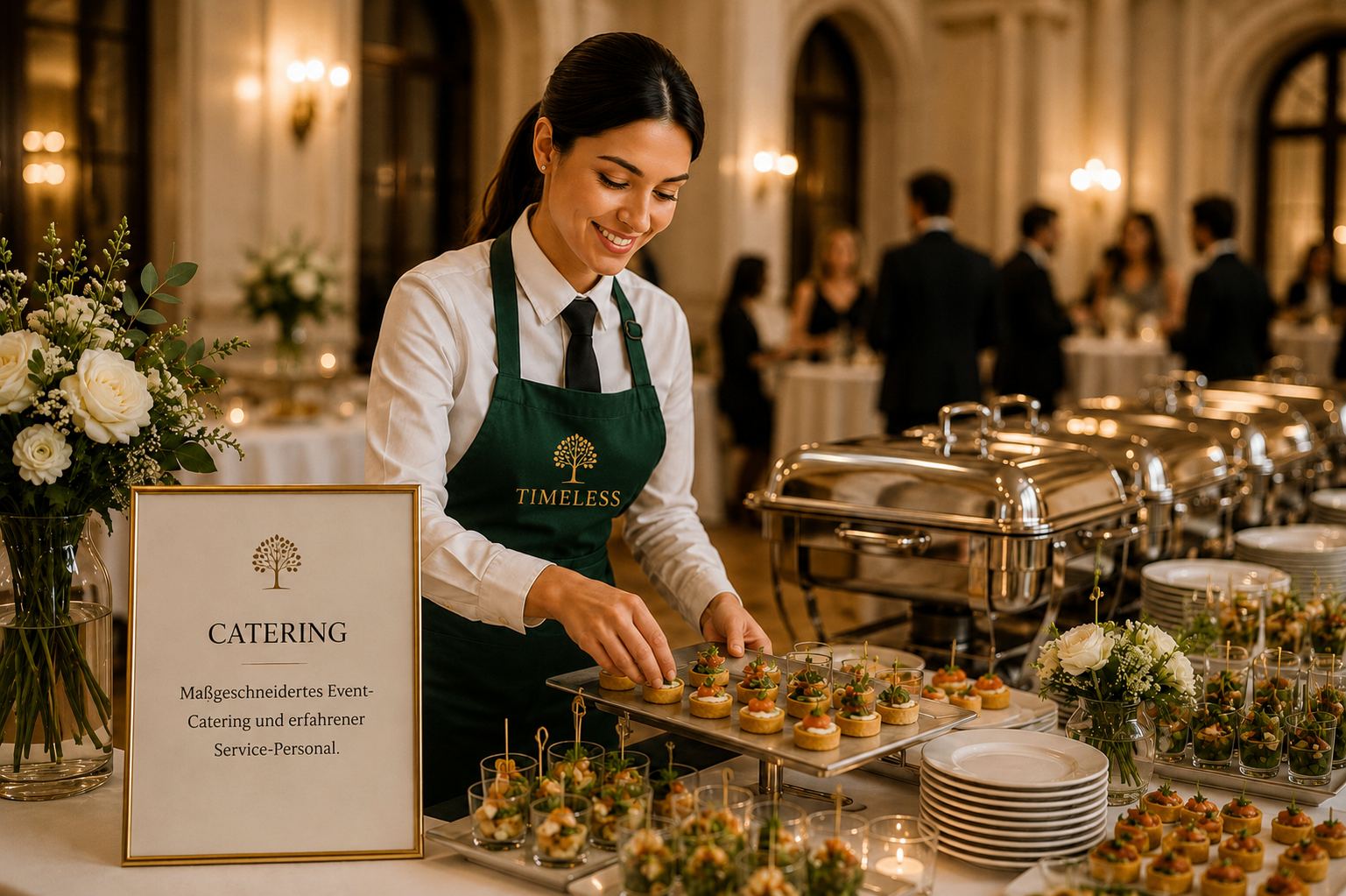 TIMELESS Catering-Service beim Servieren an einem eleganten Buffet